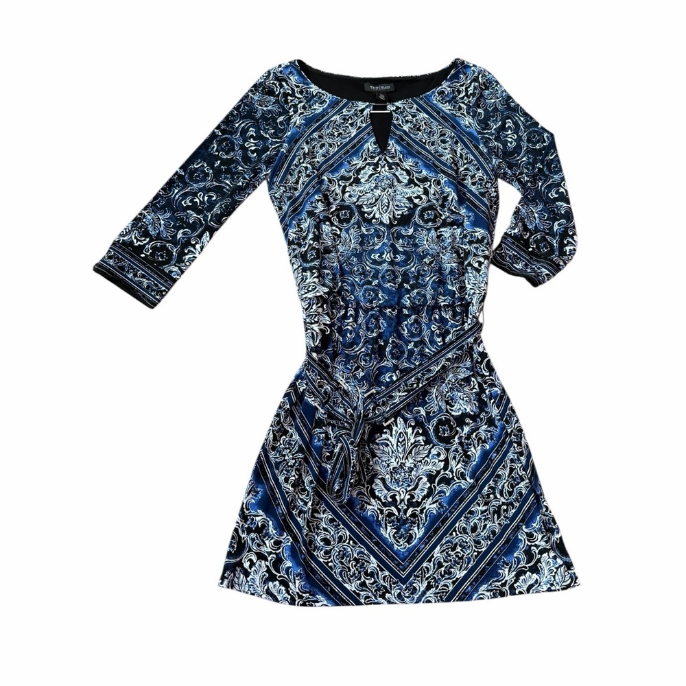 White House Black Market Black & Blue Paisley Blouson Waist Tie Dress Womens Med